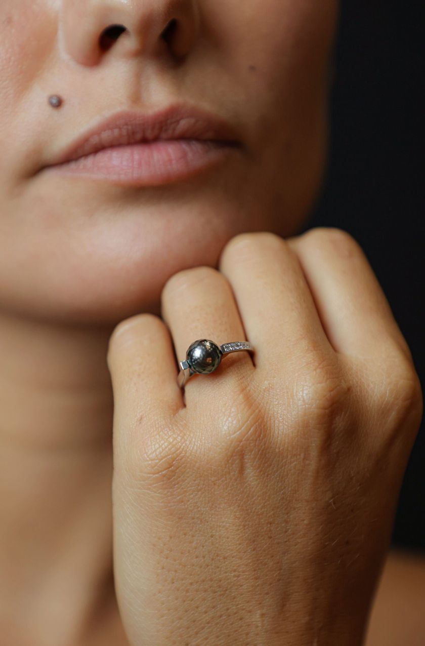 Bague collection shinju portée or gris diamants et perle façetée de tahiti — Bosc Joaillerie