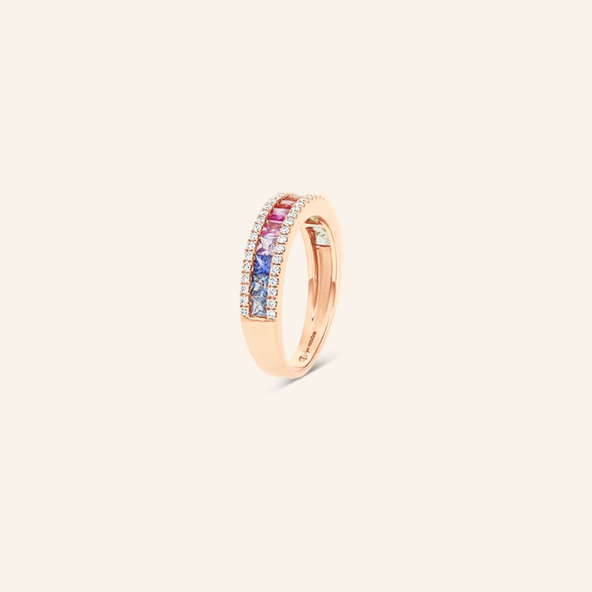 Bague or rouge diamants et saphirs multicolores Rainbow avec dégradé de pierres précieuses